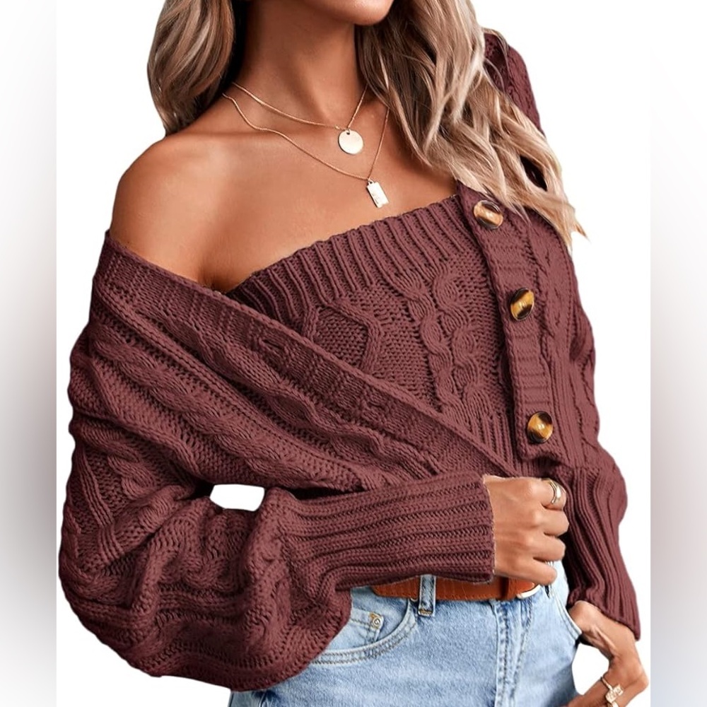 Long Sleeve Knit Button Down Cardigan Sweaters 2 Pieces Crop Top Set Medium